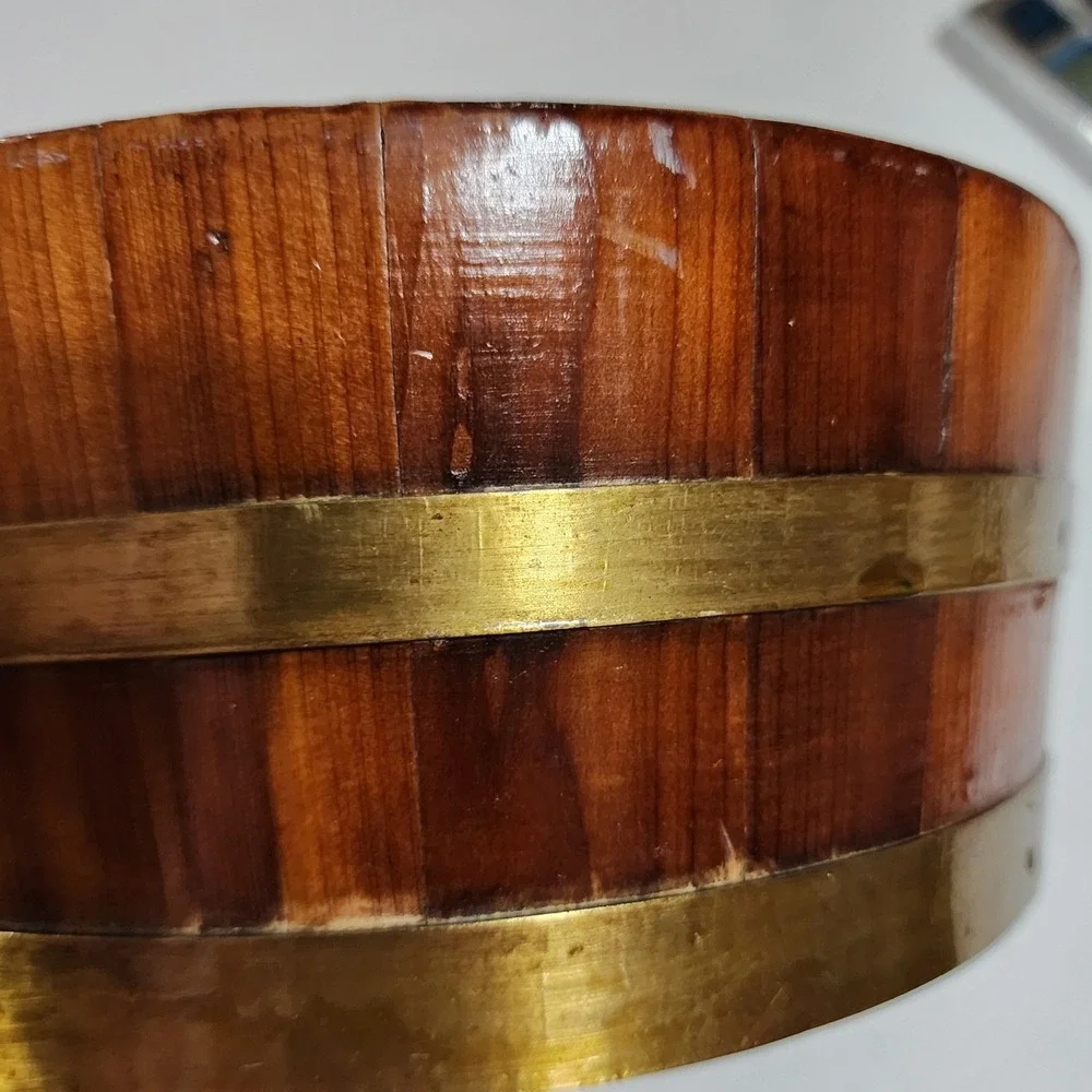 Vintage Wooden Stave Bucket Bowl Brass Bands Primitive Farmhouse Decor 8 Inch